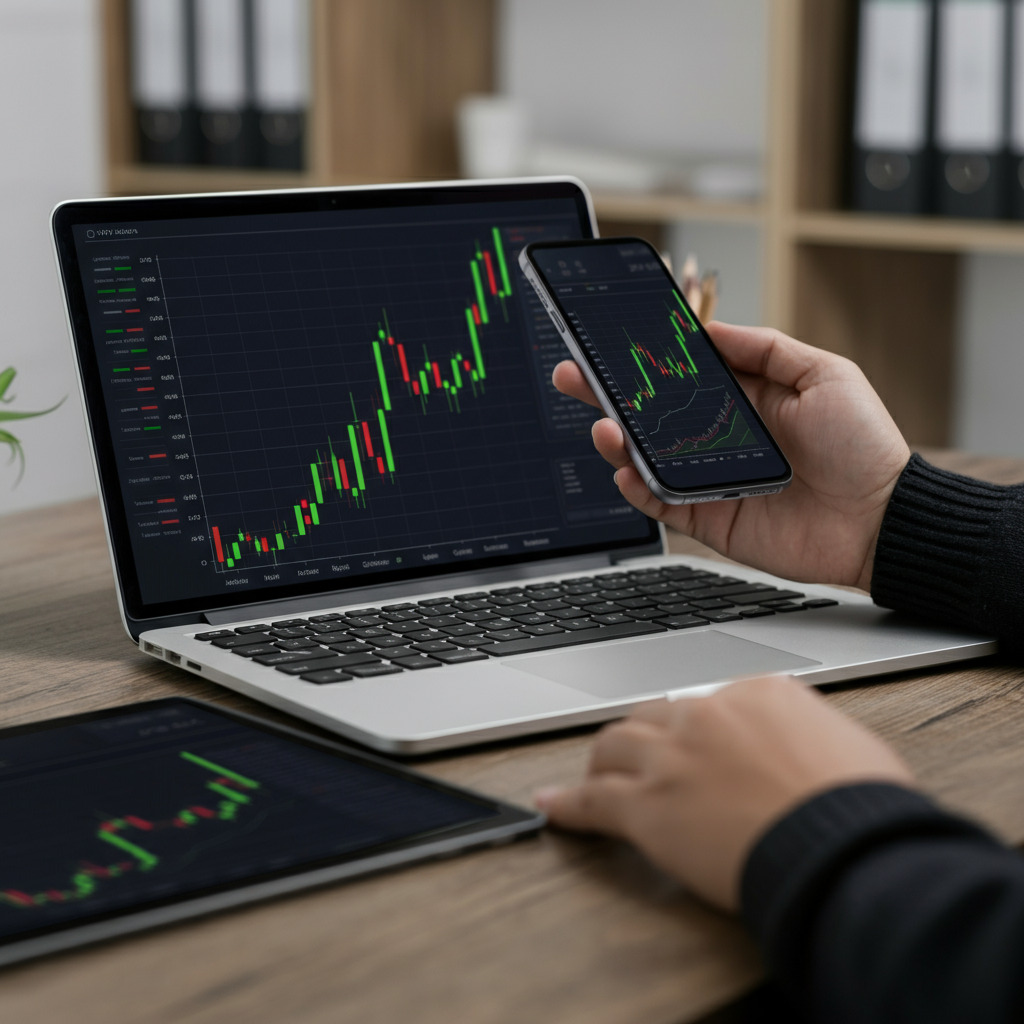 Laptop with trading charts open Immediate 3.0 Evista