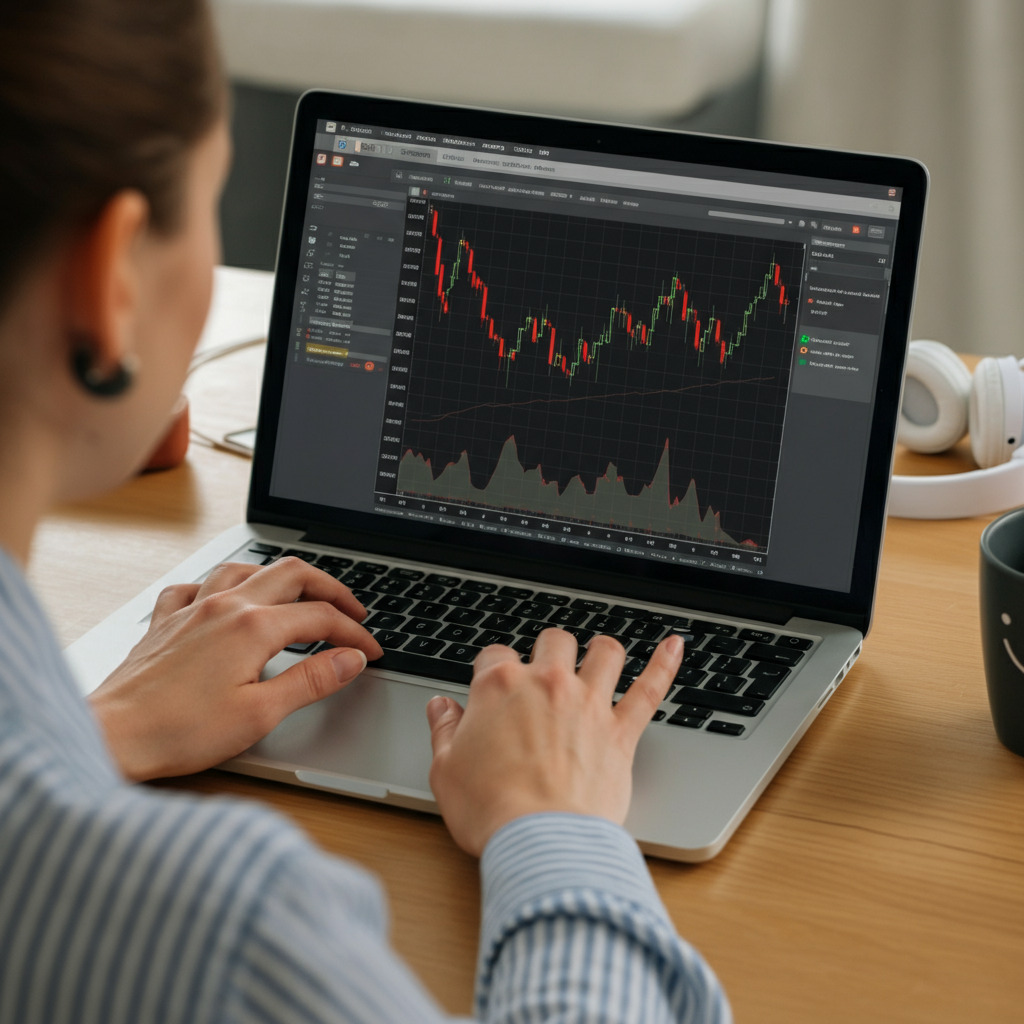 Laptop with trading charts open Immediate Bitcoin